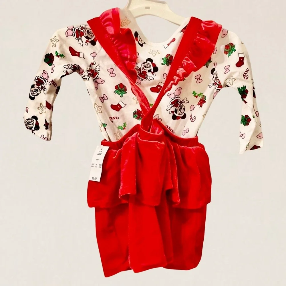 Disney Baby Minnie Mouse Christmas Red Velvet Suspender Skirt Bodysuit Set 12M
